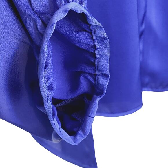 NEW Ming Wang Top Ruffled Tie Keyhole Neck Crepe De Chine Blouse Deep Sky Sz S - Picture 8 of 15